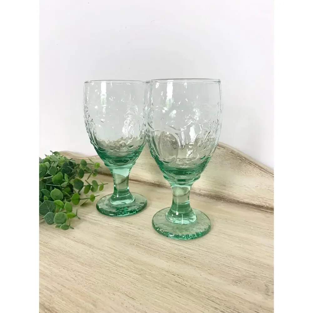 Vintage Libbey Orchard Fruit Green Glass Water Goblets Set of 2 Cottagecore